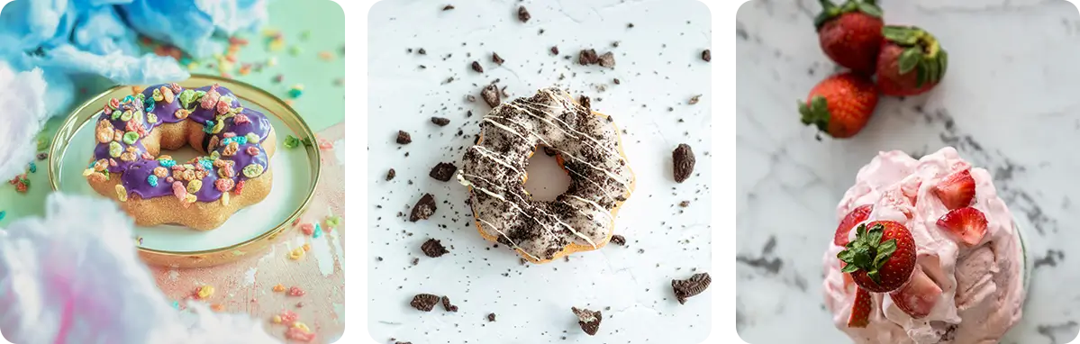 A donut with chocolate and white frosting on top of a table.